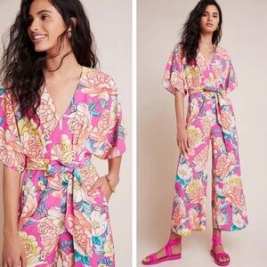 Anthro Farm Rio Eulalie Floral Kimono Sleeve Jumpsuit Pink Wide Leg Size Large